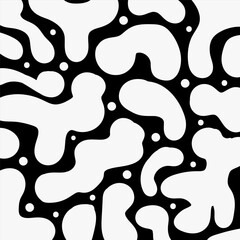 Black and white abstract pattern organic fluid blob shapes and scattered dots minimalist liquid style, modern graphic design backgrounds and wallpapers
