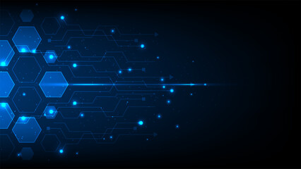 Futuristic technology digital background with glowing blue hexagons and circuit lines global data flow and high speed internet connectivity in dark virtual space