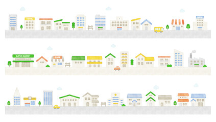 水彩風　家と建物の街並みのイラスト素材　ベクター