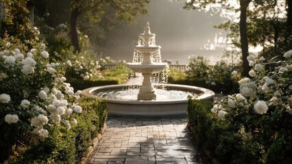 Obraz premium A garden path leads to a tiered stone fountain, surrounded by white roses and green hedges in soft morning light. Concept Garden Path, Tiered Stone Fountain, White Roses, Green Hedges