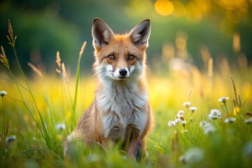 Naklejka premium Red fox sitting on green meadow with wildflowers wildlife portrait in natural habitat soft sunlight calm atmosphere