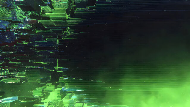 Dynamic neon green tech fragments and digital data flow on black background with motion blur effects