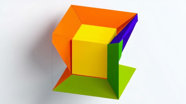 Colorful geometric cube with orange, purple, green, and yellow sections rotating in three-dimensional space, showcasing a dynamic transformation of shapes and colors against a white background