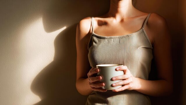 A person in a beige ribbed tank top holds a mug, standing against a sunlit wall with warm, dramatic shadows. Concept Beige ribbed tank top, Holding a mug, Sunlit wall backdrop, Warm dramatic shadows