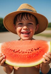 Smiling Boy with Straw Hat Holding Slice of Watermelon Outdoors