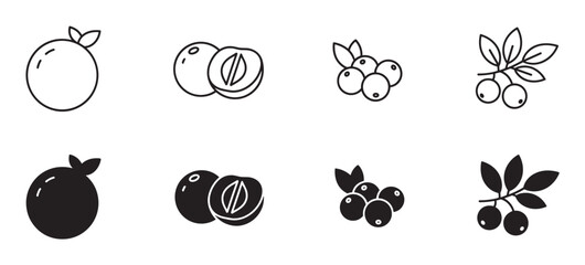 Collection of black fruit and berry icons in line art and silhouette styles showing peaches and berries on sprigs, presented as a minimalist graphic vector illustration set