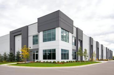 Obraz premium Modern industrial warehouse exterior with gray and white paneling, large glass windows, clean lines, and landscaped surroundings