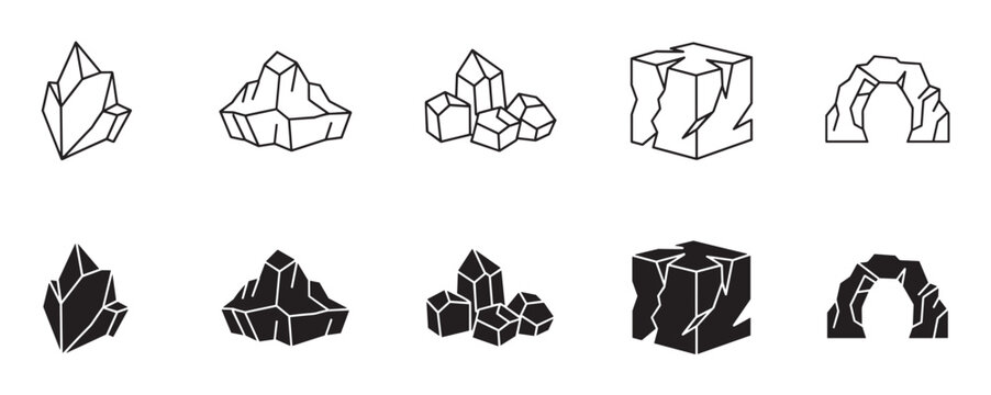 Collection of black rock and crystal icons in minimalist line art and silhouette styles showing geological formations like mountains, arches, and cracked cubes for graphic design