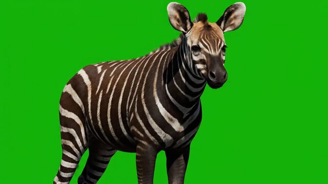 A zebra stands alone in a studio setting against a green screen for a video production
