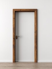 Wooden door with textured frame on light minimalist background, concept of entrance choice transition and new beginning in modern interior