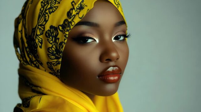 A woman wearing a yellow hijab with floral patterns gazes off into the distance, exuding confidence and style.