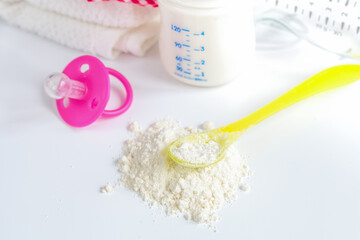 preparation of mixture baby feeding on white background