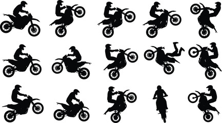 Dynamic collection of extreme motocross rider silhouettes performing stunts and wheelies on dirt bikes, ideal for illustrating adrenaline, off-road sports, and adventurous pursuits, isolated on white © MstMoslama