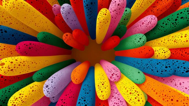 Colorful arrangement of sponge-like shapes in vibrant hues radiating outward from a central point, showcasing a dynamic visual flow of colors and textures in a circular formation