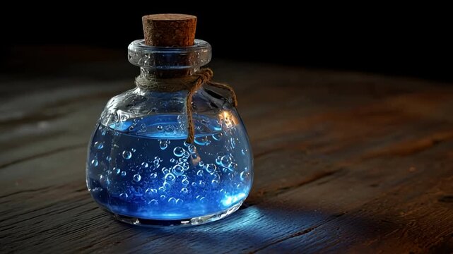 A glass bottle filled with blue liquid and sparkles on a wooden table with a cork stopper and rope tied around the neck