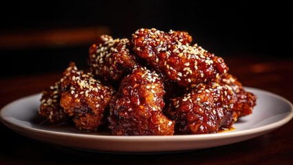 Fototapeta premium Sticky glazed chicken wings topped with sesame seeds on a white plate. Concept Sticky glazed chicken wings, Sesame seeds garnish, White plate presentation, Appetizing platter, Sweet-spicy glaze
