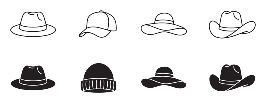 Collection of black hat icons showing different styles including fedora, baseball cap, sun hat, and cowboy hat in both line art and solid silhouette vector illustrations