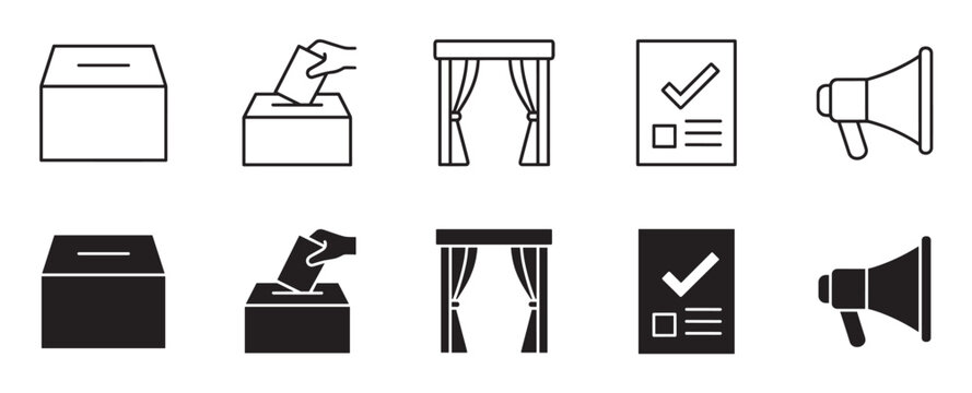 Set of black election icons showing a ballot box, voting booth, ballot paper, and megaphone in both line art and solid glyph styles for political campaigns