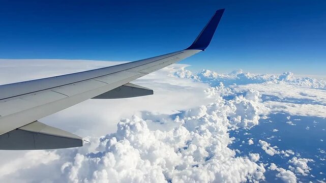 Airplane wing is seen flying high above the clouds on a bright sunny day during travel.