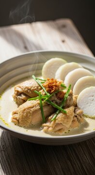 Opah ayam lontong, chicken curry with rice cakes, a traditional dish being served on a table with natural lighting, cuisine of Indonesia, lunch