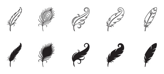Fototapeta premium Collection of black feather illustrations in various styles, featuring ten unique designs presented as both elegant line art and bold solid silhouettes for graphic design elements