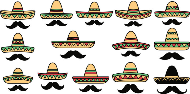 Mexican Sombrero and Mustache Collection Flat Vector Illustration Set Isolated on White Background