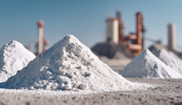 Large heaps of white powdery material in front of an industrial cement factory with smokestacks and industrial buildings in the background