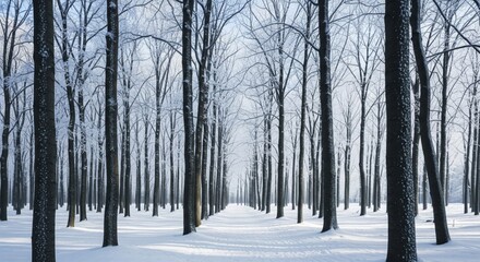 Fototapeta premium Snow Covered Tree Trunks in a Winter Forest Landscape with Sunlight