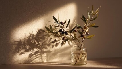 Obraz premium Olive branches with dark olives in a clear glass jar on a wooden surface, bathed in warm sunlight and soft shadows. Concept Olive branches still life, Dark olives in a clear glass jar