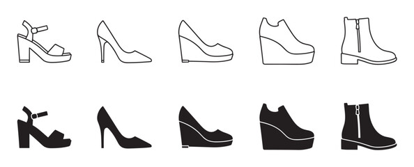 Obraz premium Set of black women's shoe icons in outline and silhouette styles, a collection of various footwear including high heels, pumps, wedges, platform sandals, and ankle boots