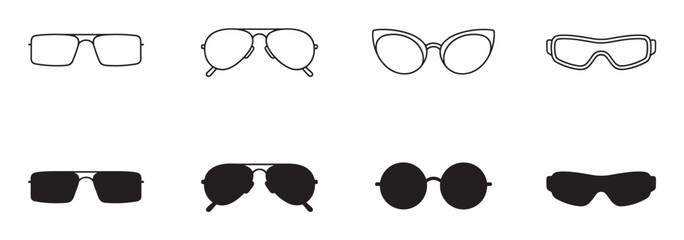 Black vector glasses icons set with various frame shapes including aviator, cat-eye, and rectangular styles, shown as both simple line art outlines and solid black silhouettes