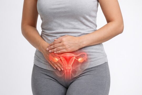 Woman holding lower abdomen with glowing uterus illustration