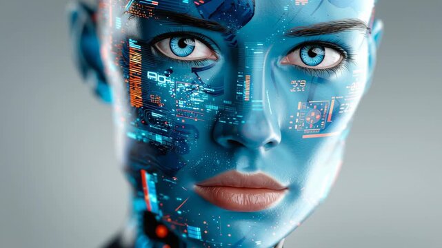 Futuristic humanoid robot with blue skin and digital circuitry patterns on face, showcasing intricate details of technology and artificial intelligence in a neutral background setting