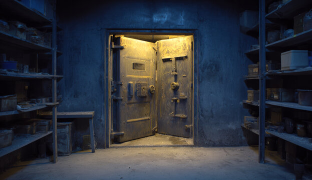 Large heavy safe with rusty metal doors standing in a storage room, industrial style with worn surface and sturdy construction