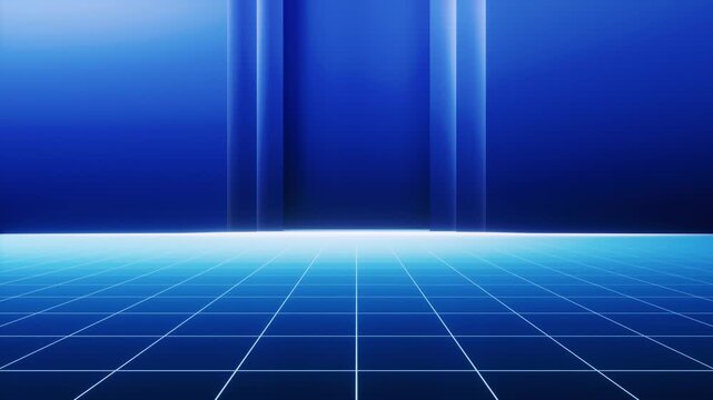 Futuristic blue glowing grid floor with abstract vertical pillars background motion footage for technology presentations