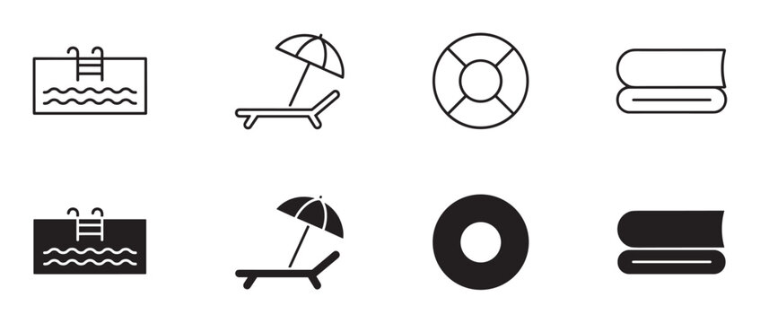 Set of black swimming pool icons showing a ladder, lounge chair, lifebuoy, and towel in two different styles, thin line art and solid glyph for summer vacation concepts