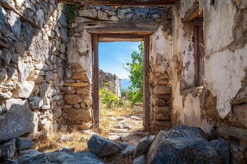 Ancient stone doorway in ruined building with view to sunny landscape, historical ruins as symbol of transition past and open space