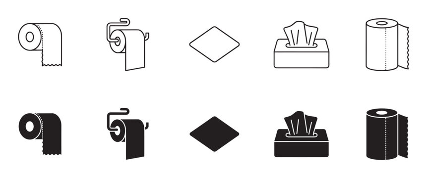 Set of black paper product icons including toilet paper, kitchen towels, and facial tissues in a box, presented in both outline and solid glyph styles for web or print