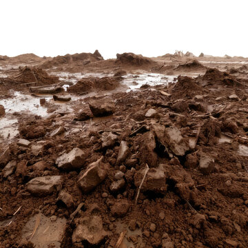 Close-up of muddy, broken ground with a distant horizon
