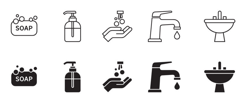 Set of black hygiene icons showing a soap bar, dispenser, hand washing, faucet, and sink, presented in two distinct styles: simple line art and solid glyph pictograms
