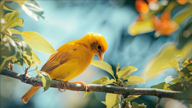 A yellow bird is perched on a branch. The bird is sitting on a leafy branch