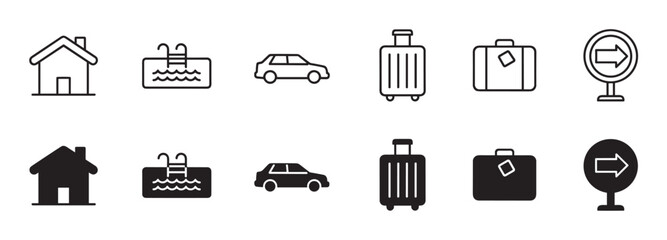 Black travel and accommodation icon set featuring a home, swimming pool, automobile, suitcase, and arrow sign presented in two distinct styles, line art and solid silhouette