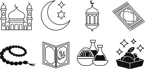 Outline icons representing various items associated with Islamic worship and the Eid holiday, isolated on white.
