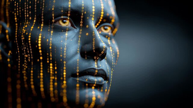 Digital humanoid face with flowing binary code in golden tones, showcasing intricate details and textures against a dark background, emphasizing the fusion of technology and human-like features