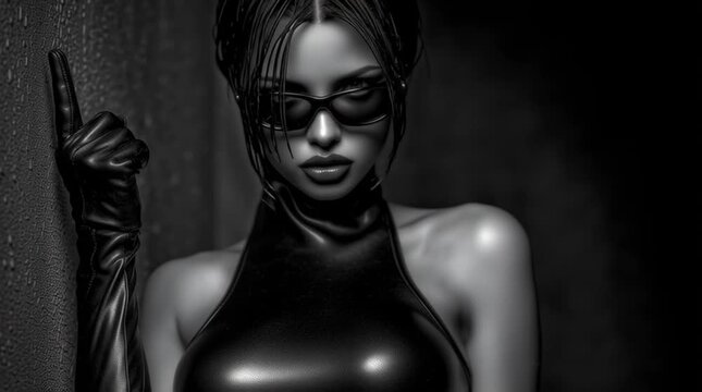 dark surreal portrait of alternative beauty with glasses on a wall, surreal gothic portrait in black and white,wildly styled gothic woman in fantasy world