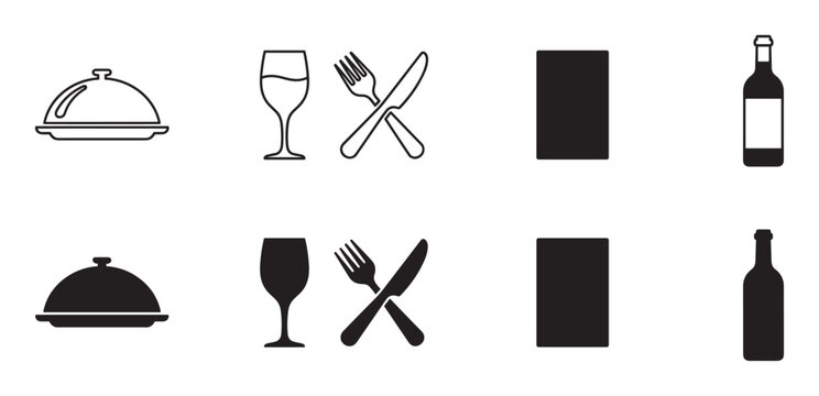 Set of black restaurant and food service icons shown in both outline and solid silhouette styles, including a cloche, wine glass, fork, knife, menu, and bottle