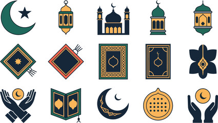 Collection of colorful flat icons representing Ramadan and Eid al-Fitr religious symbols for festive graphic design.