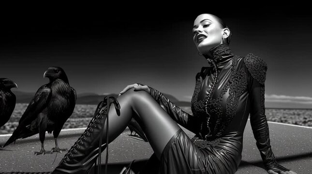 woman sitting on a country road with crows, dark surreal portrait of alternative beauty, surreal gothic portrait in black and white,wildly styled gothic woman in fantasy world