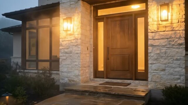 limestone brick. A modern home entrance, featuring stone walls, wooden door, and warm lighting, surrounded by misty greenery, creating a cozy and inviting atmosphere