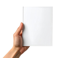 Fototapeta premium Hand holding a blank white booklet or brochure for design and presentation mockups, isolated on a transparent background, PNG